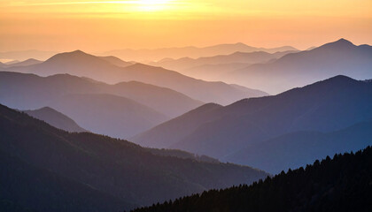 Misty Mountain Layers at Sunset with Desaturated Tones.artwork, calm, colourful, dramatic, emotion, feeling, graphic, image, layer, majestic, misty, mood, panorama, peaceful, photo, picture, ray, 