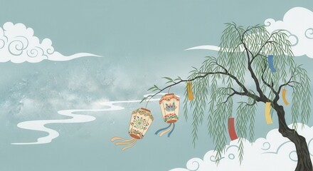Chinese traditional lanterns are hung on the branches of willow trees in the background of the Chinese Valentine's Day