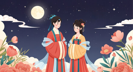 Couple standing opposite each other in front of the moonlight night flower