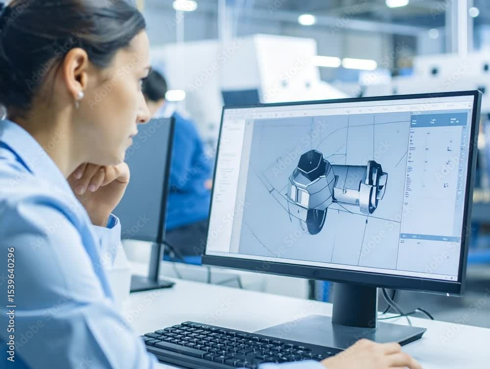 Poster technical visionary: a focused specialist diligently examines intricate 3d blueprints displayed on a