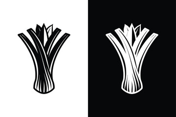 Black and White Leek Icon. Silhouette Vegetable Vector Illustration