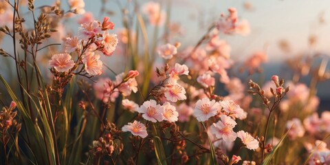 Serene Sunrise Over Pink Flowered Meadow for Nature and Wellness Themes