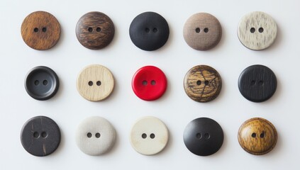 Assorted round buttons in various colors and wood grain patterns, arranged in a grid on a white background