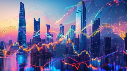 video of Acceleration of construction pace. Rising chart near buildings under construction and tower cranes. Growing profits for architectural firms. Upward income trend for builders - Powered by Adobe