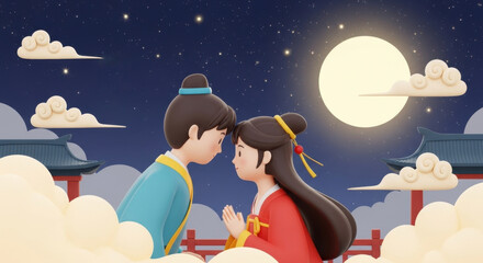 Ancient Style Male and Female Couples in the Moonlight