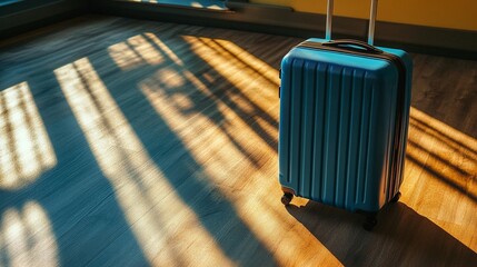 A blue suitcase on a wooden floor, bathed in sunlight