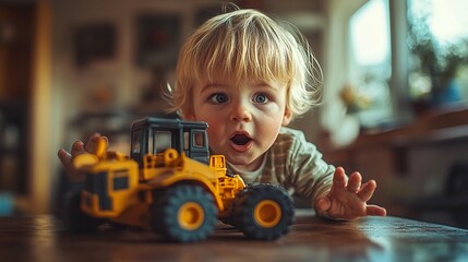 A baby playing with a toy tractor