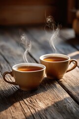 Fototapeta premium Two steaming cups coffee placed side by side on a rustic wooden table