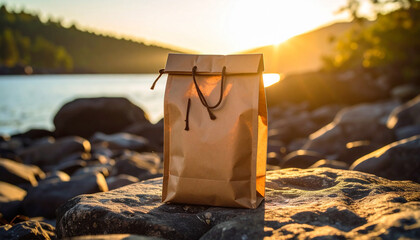 Kraft Paper Sachet Bag on Rocky Surface at Sunrise.photo, advertising, commercial, graphic, image, marketing, material, minimal, product, ray, sunrise, sustainable, visual, beige, branding, 