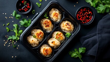 Pan-fried dumplings in a black takeout container with chili flakes, soy sauce, cilantro, and scallions.