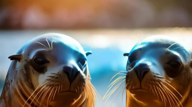Two sea lions touching noses in a tender close-up, displaying connection, love, and animal affection in a serene ocean setting.