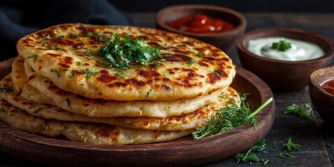 Stack of Aloo Paratha, Traditional North Indian Potato Flatbread with Sauces on Wooden Plate