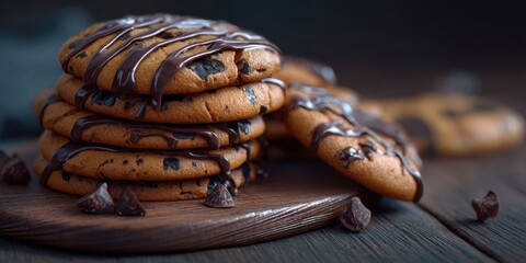 Stack of Chocolate Chip Cookies Drizzled with Melted Chocolate on Rustic Wood