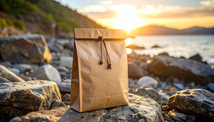 Kraft Paper Sachet Bag on Rocky Surface at Sunrise.photo, advertising, commercial, graphic, image, marketing, material, minimal, product, ray, sunrise, sustainable, visual, beige, branding, 
