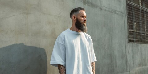 Stylish Bearded Man in White Oversized T-Shirt Standing Against Concrete Wall