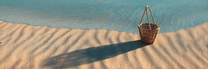 A wicker basket sits on the sandy beach near the ocean water casting a long shadow on the sand