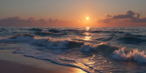 Sunset over Calm Ocean Waves Reflecting Golden Light in Serene Coastal Scene