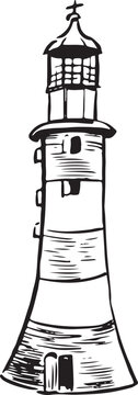 Smeaton's Tower, Plymouth, England ink landmark. Lighthouse architecture sketch. English famous structure vector drawing. Nautical theme isolated hand drawn elements. 