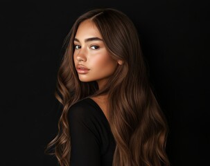 Young woman with long wavy hair poses against a dark background showcasing her natural beauty and elegance