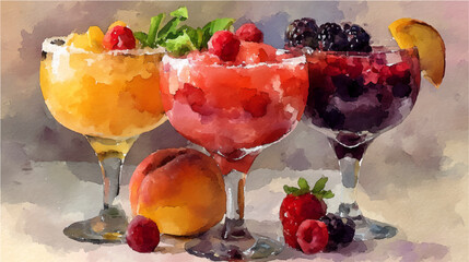 Vector illustration of a set of glasses with summer cocktails, watercolor on a white background	