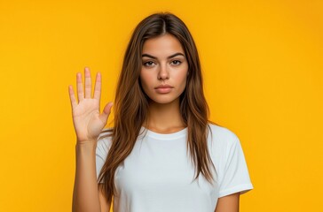 Young woman with long hair raises hand against bright yellow background in a casual setting
