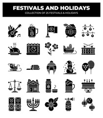 Collection of 25 Festivals and Holidays. Icons and Symbols
