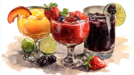 Vector illustration of a set of glasses with summer cocktails, watercolor on a white background	
