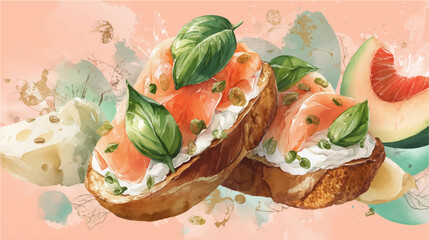 Vector illustration of bruschetta with salmon, watercolor on pink background