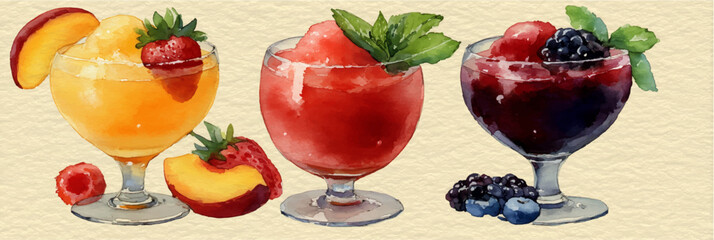 Vector illustration of a set of glasses with summer cocktails, watercolor on a white background. Banner	