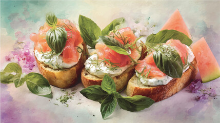 Vector illustration of bruschetta with salmon, watercolor on pink background