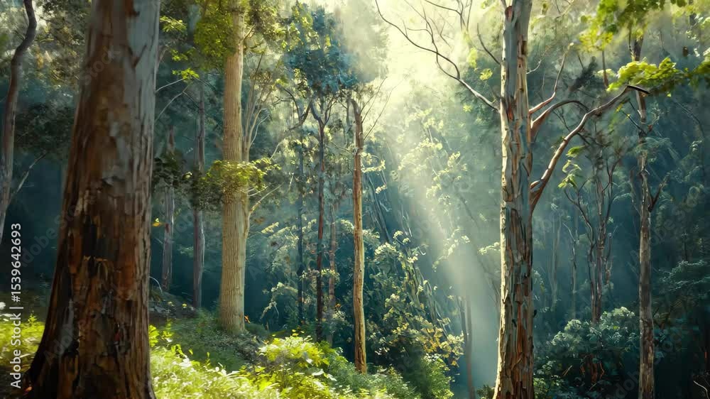 Poster sunlight filters through trees in a tranquil forest environment, sun rays and light shines through f