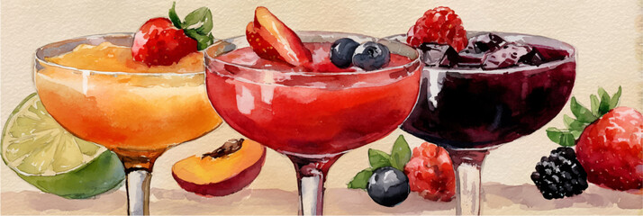 Vector illustration of a set of glasses with summer cocktails, watercolor on a white background. Banner	