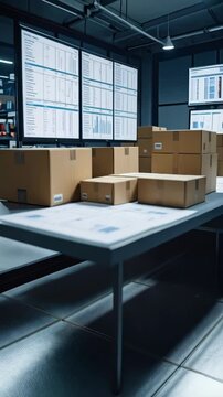View of a dimly lit office showing logistics boxes, charts, graphs, monitors, and paperwork scattered on a tabletop