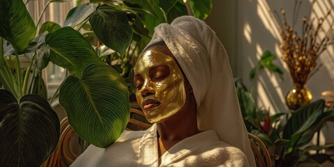 Woman Relaxing with Gold Face Mask and Towel in Spa-Like Setting
