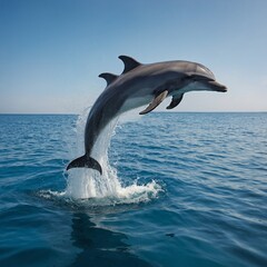 Fototapeta premium A dolphin leaps gracefully through clear blue water, sparkling in the sunlight with joyful energy.