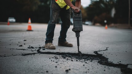 A construction worker in a yellow reflective safety vest and white hard hat uses a handheld jackhammer to break apart a grey asphalt road surface during daytime roadwork operations.