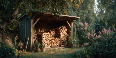 Wooden Firewood Shed Filled with Logs in a Cozy Autumn Garden