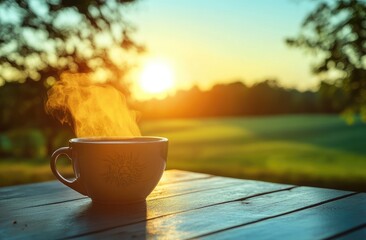 Sunrise, steaming cup of tea on rustic table outdoors