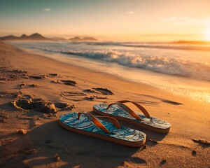 Flip flops sit on a sandy beach with ocean waves and a sunset in the background in a scenic view