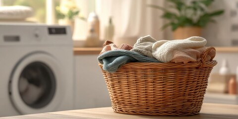 Woven Laundry Basket Filled with Dirty Clothes in Front of White Washing Machine in Bathroom