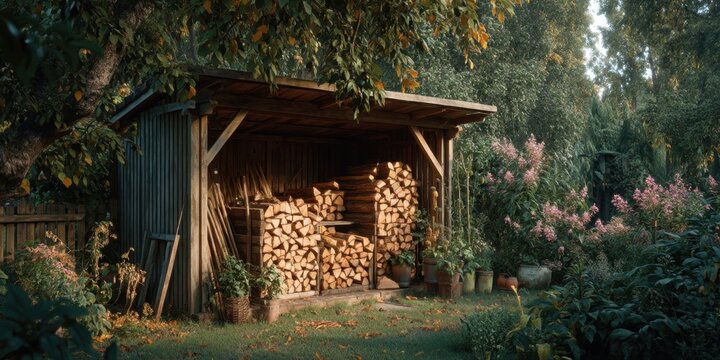 Wooden Firewood Shed Filled with Logs in a Cozy Autumn Garden