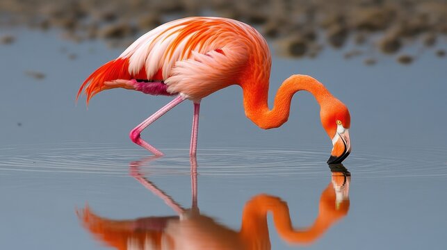 Flamingo bending forward in shallow water with a calm mirror reflection