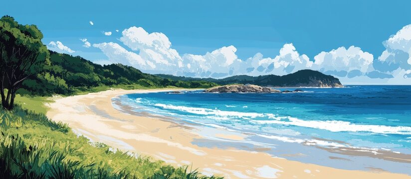 Sunny beach scene with lush foliage and rolling waves