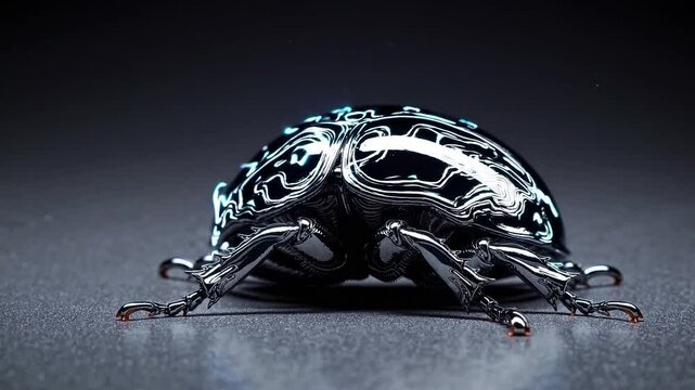 Glowing Circuitry Beetle in Metallic Macro Slow Motion on Black Background