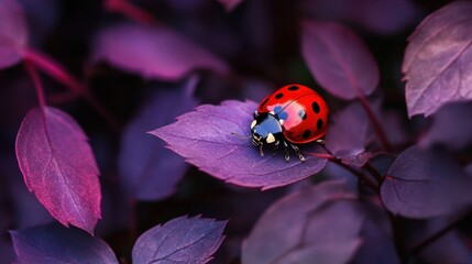 Red ladybug contrasting with dark purple leaves in a moody natural scene