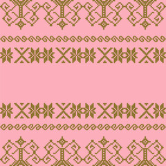 An elegant and traditional Songket Padang textile pattern  geometric motifs in a warm golden-brown on a soft pink background. Classic Indonesian design symmetrical borders traditional weaving artistry