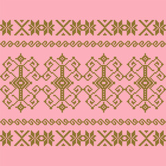 An elegant and traditional Songket Padang textile pattern  geometric motifs in a warm golden-brown on a soft pink background. Classic Indonesian design symmetrical borders traditional weaving artistry