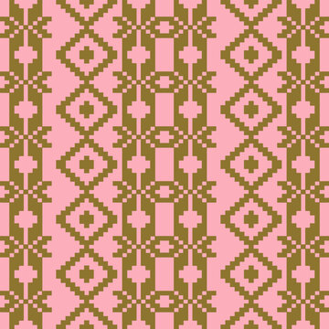 An elegant and traditional Songket Padang textile pattern  geometric motifs in a warm golden-brown on a soft pink background. Classic Indonesian design symmetrical borders traditional weaving artistry
