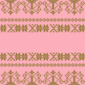 An elegant and traditional Songket Padang textile pattern  geometric motifs in a warm golden-brown on a soft pink background. Classic Indonesian design symmetrical borders traditional weaving artistry