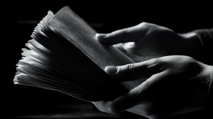 Hands holding a stack of folded papers in black and white